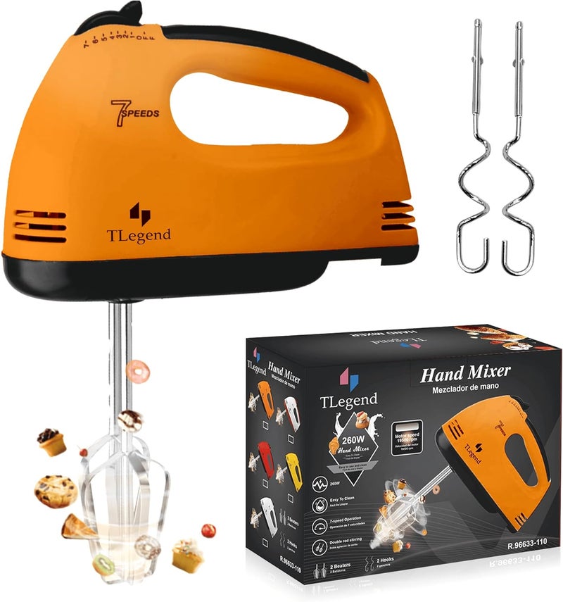 TechnoLegend Hand Mixer Electric Handheld – 7 Speed Ultra Power Electric Mixer Handheld (Orange) - Image 1